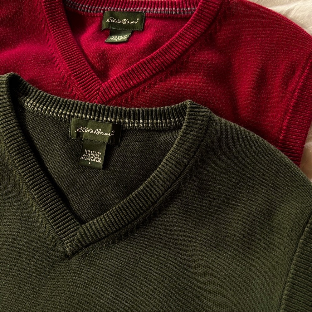 Set of Two Vests Eddie Bauer One Red & One Olive Green Very Good Condition